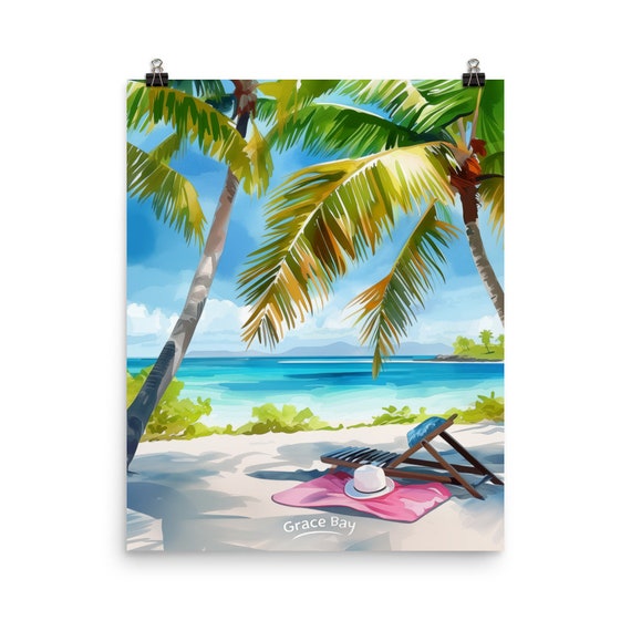 Grace Bay Beach Watercolor Print Caribbean Gift Tropical Island Wall Art Turks And Caicos Grand Turk Home Decor Seaside