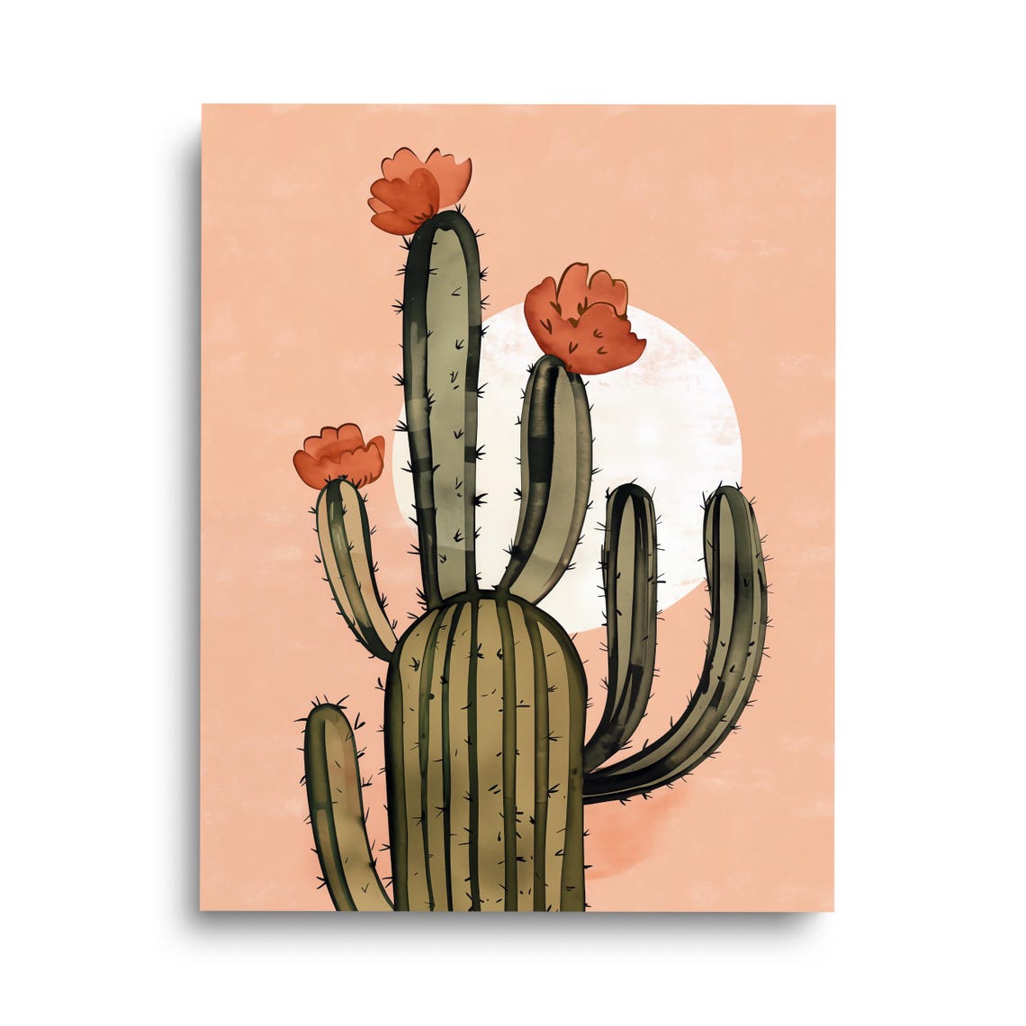 Terracotta Saguaro Cactus With Coral Blooms Southwest Art Poster