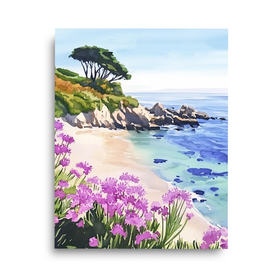 Lovers Point Monterey Bay Coastal Cliff Floral Watercolor Poster