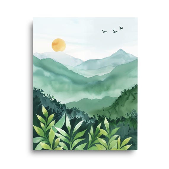 Serene Forest Watercolor Print Nature Landscape Wall Art Misty Mountain Decor Woods Painting Green Mountains Poster At Dawn