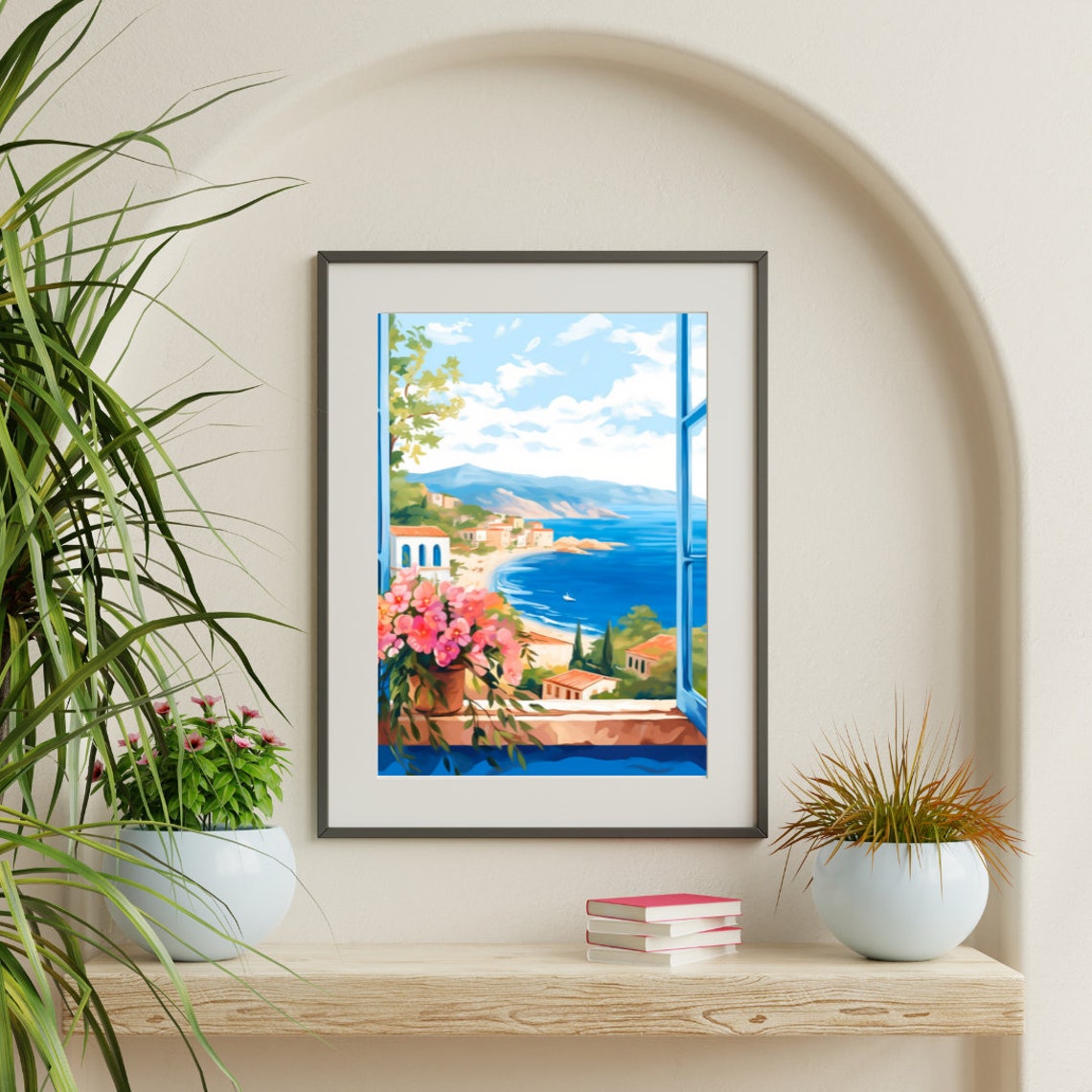 Corsica Bay View Through Blue Window Shutters Watercolor Poster - Image 3