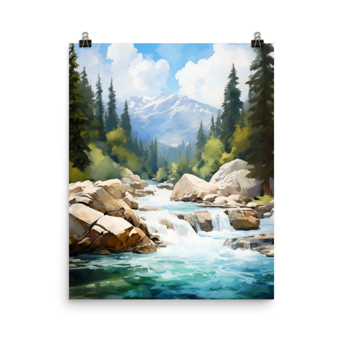 Kings Canyon Mountain River Waterfalls Scenic Watercolor Poster