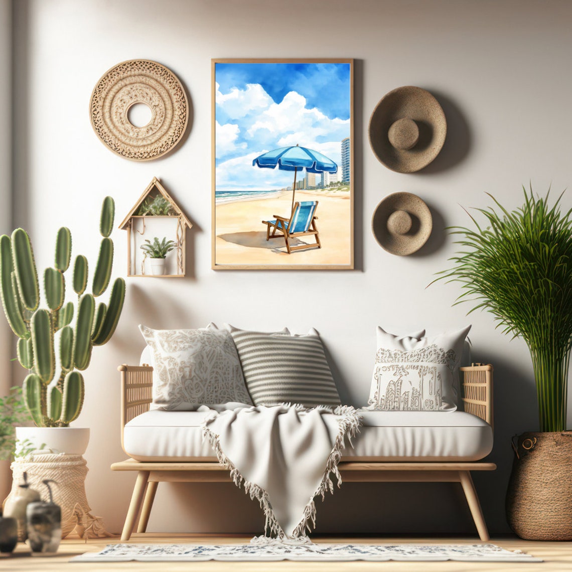 Blue Beach Umbrella and Chair on Oceanfront City Beach Poster - Image 2