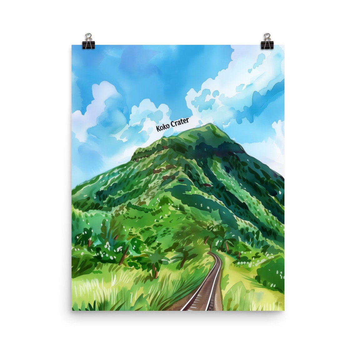 Koko Crater Lush Green Volcanic Mountain Railway Watercolor Poster