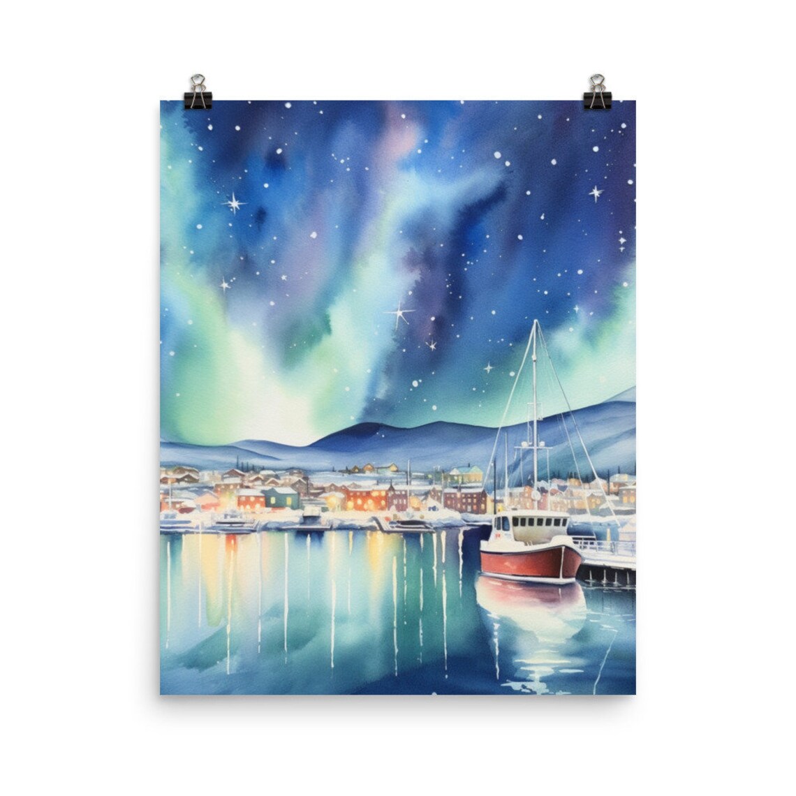 Tromso Northern Lights Watercolor Travel Poster