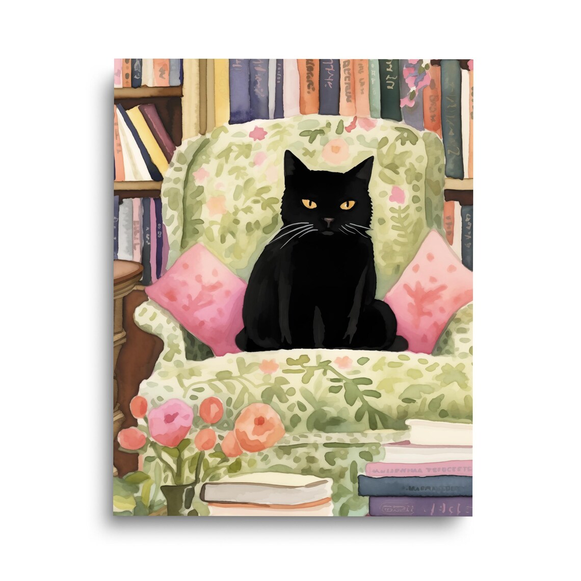 Black Cat Watercolor Art Print, Retro Cozy Decor