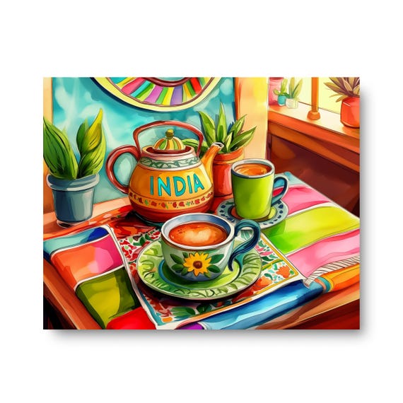 Chai Horizontal Watercolor Print India Travel Gift Wall Art Teapot Artwork Kitchen Decor Tea Poster Rajasthan