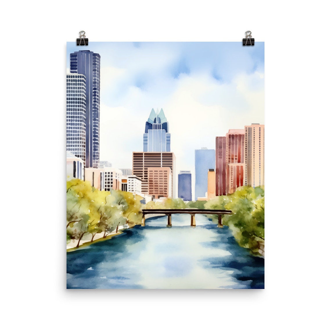 Austin Skyline Over a River Bridge With Green Riverbanks Poster