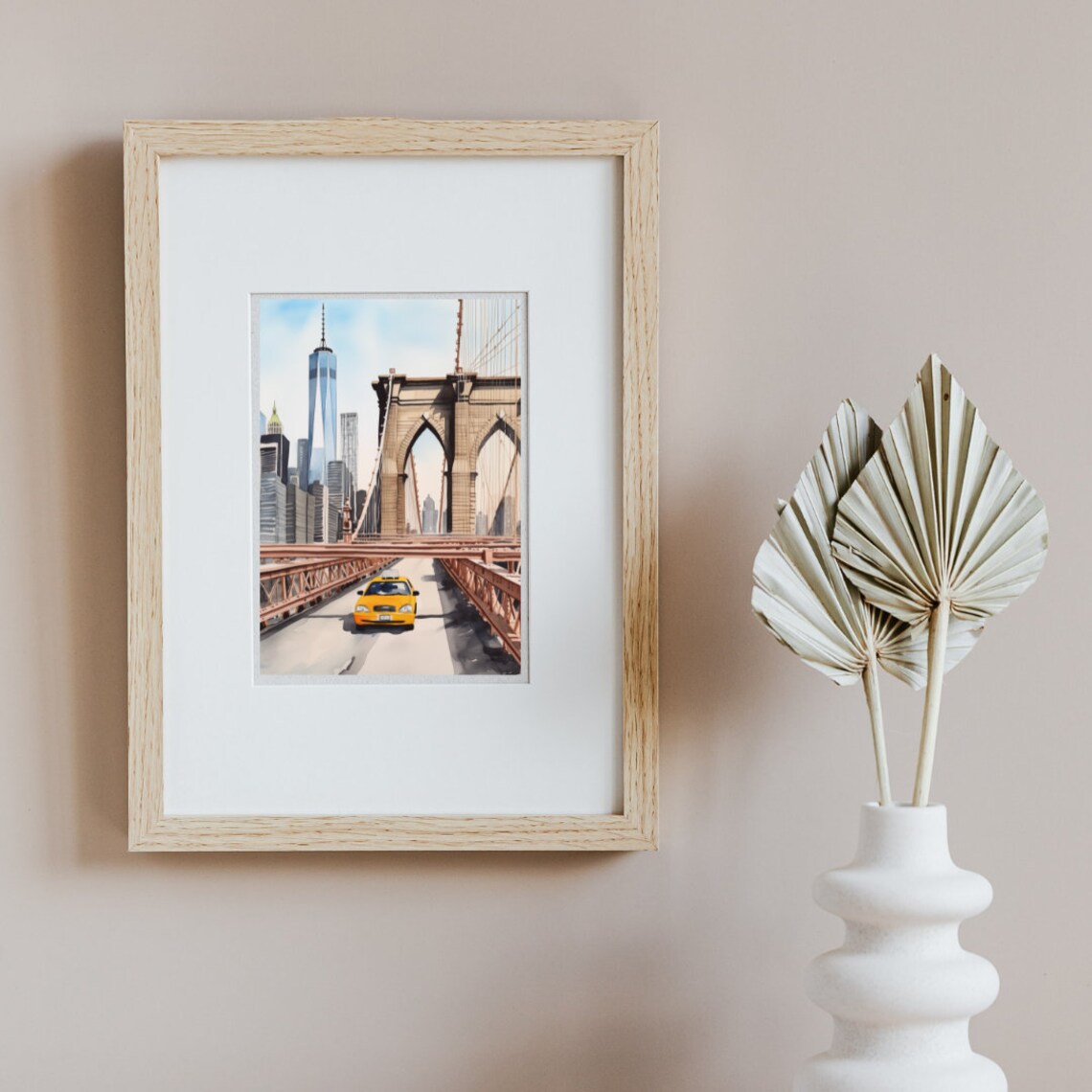 Yellow Taxi Crossing Brooklyn Bridge Skyline Watercolor Poster - Image 2