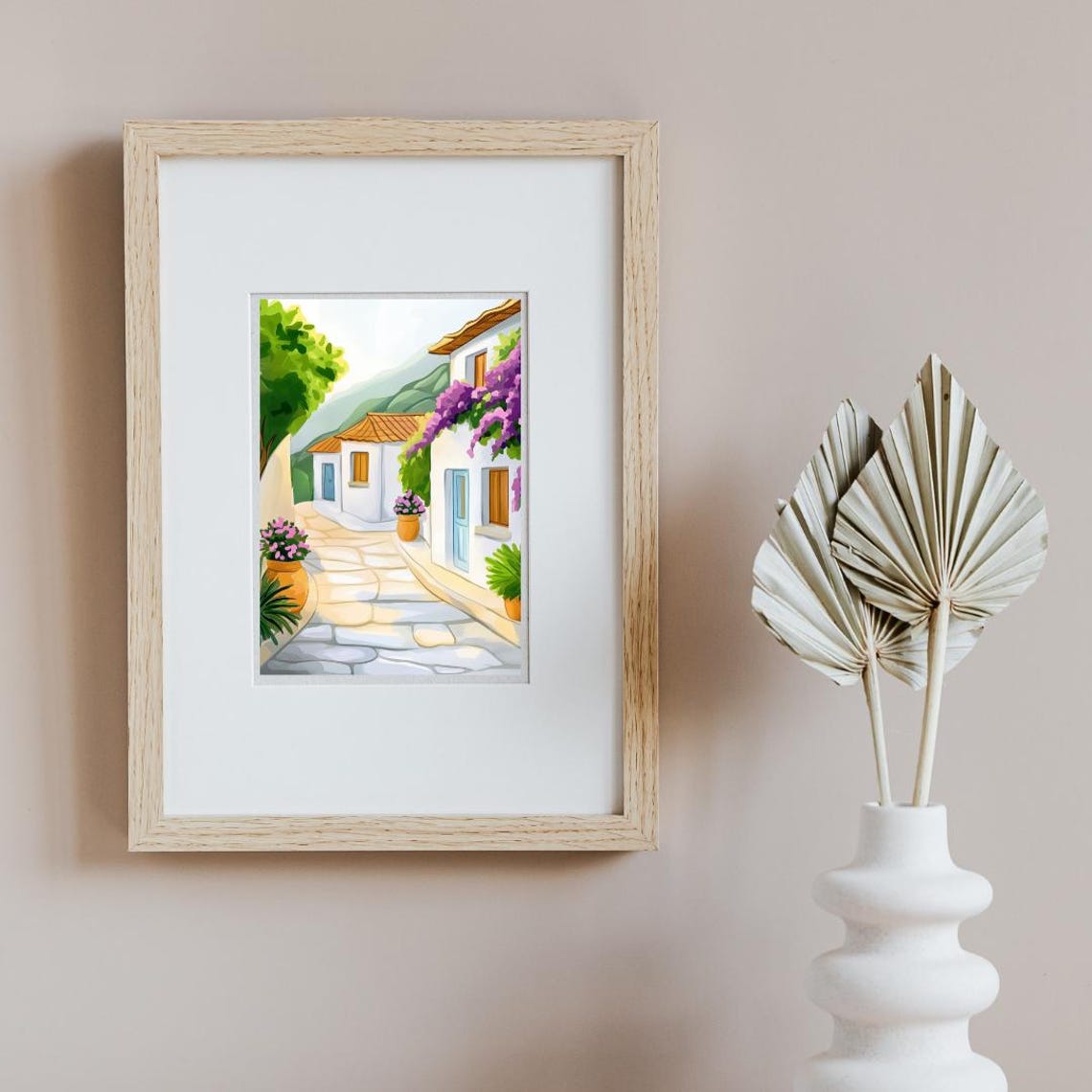 Hydra Whitewashed Alley with Bougainvillea Watercolor Poster - Image 2