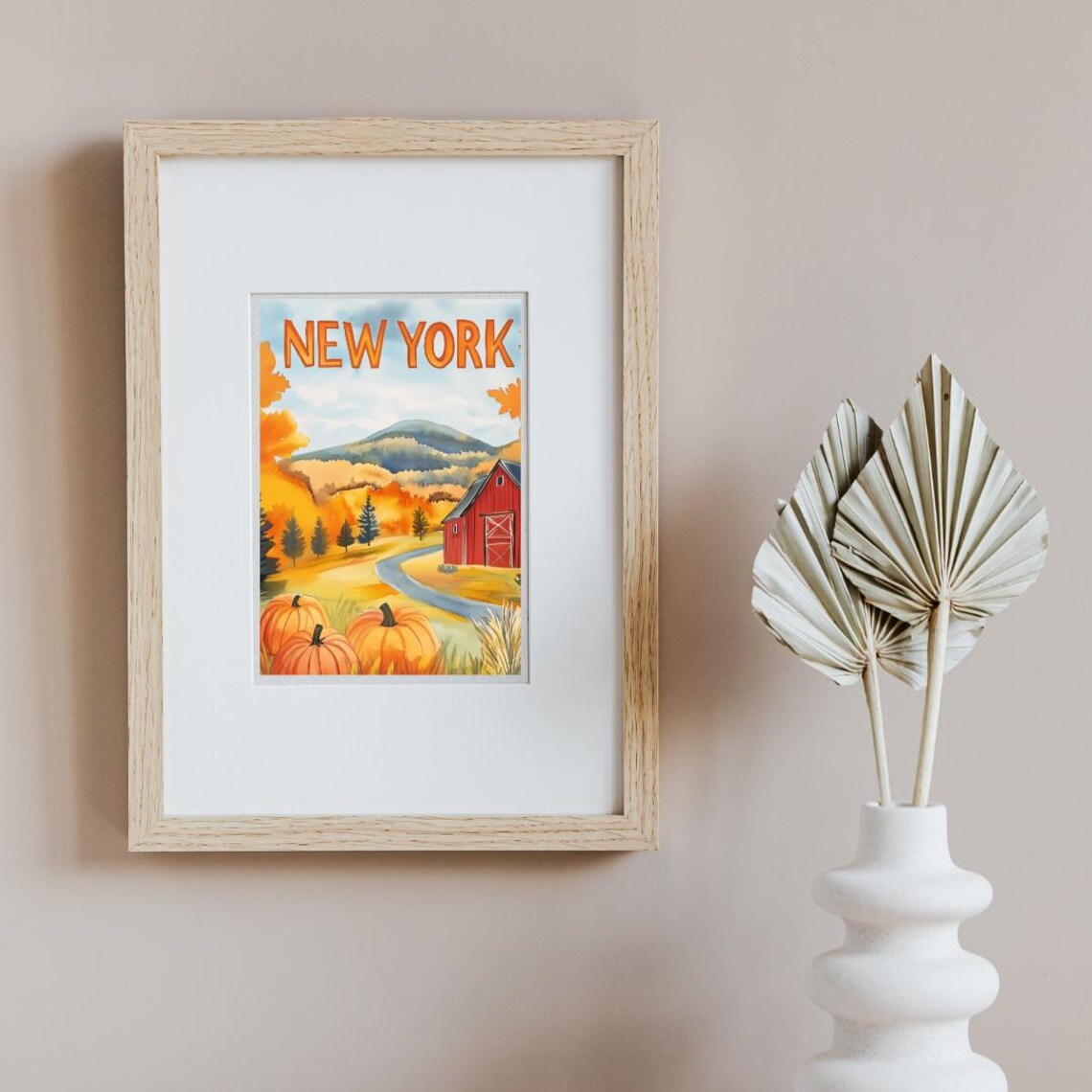 New York Autumn Countryside With Red Barn Pumpkins Travel Poster - Image 2