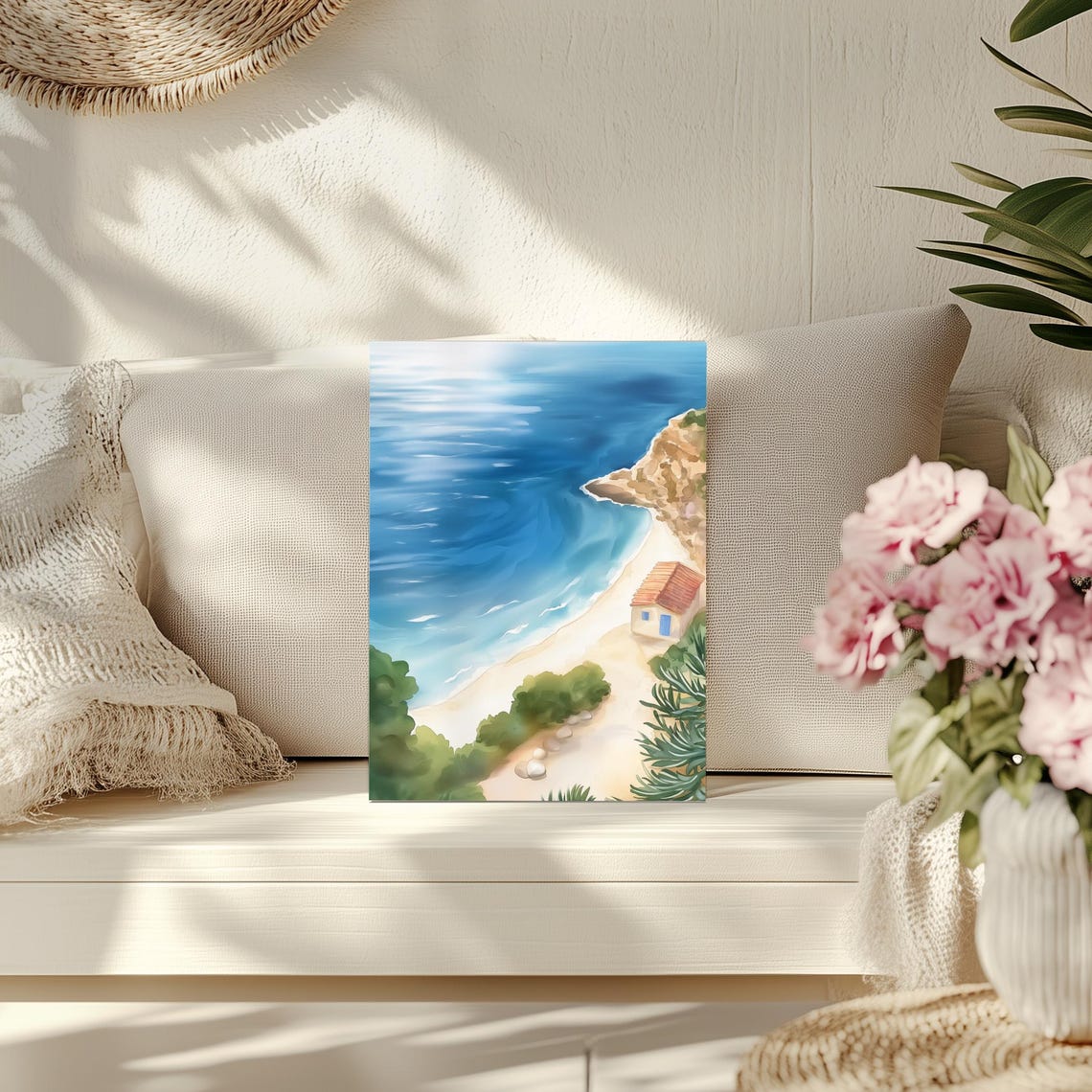 Rabbit Beach Lampedusa Sicily Watercolor Aerial Cove Scene Poster