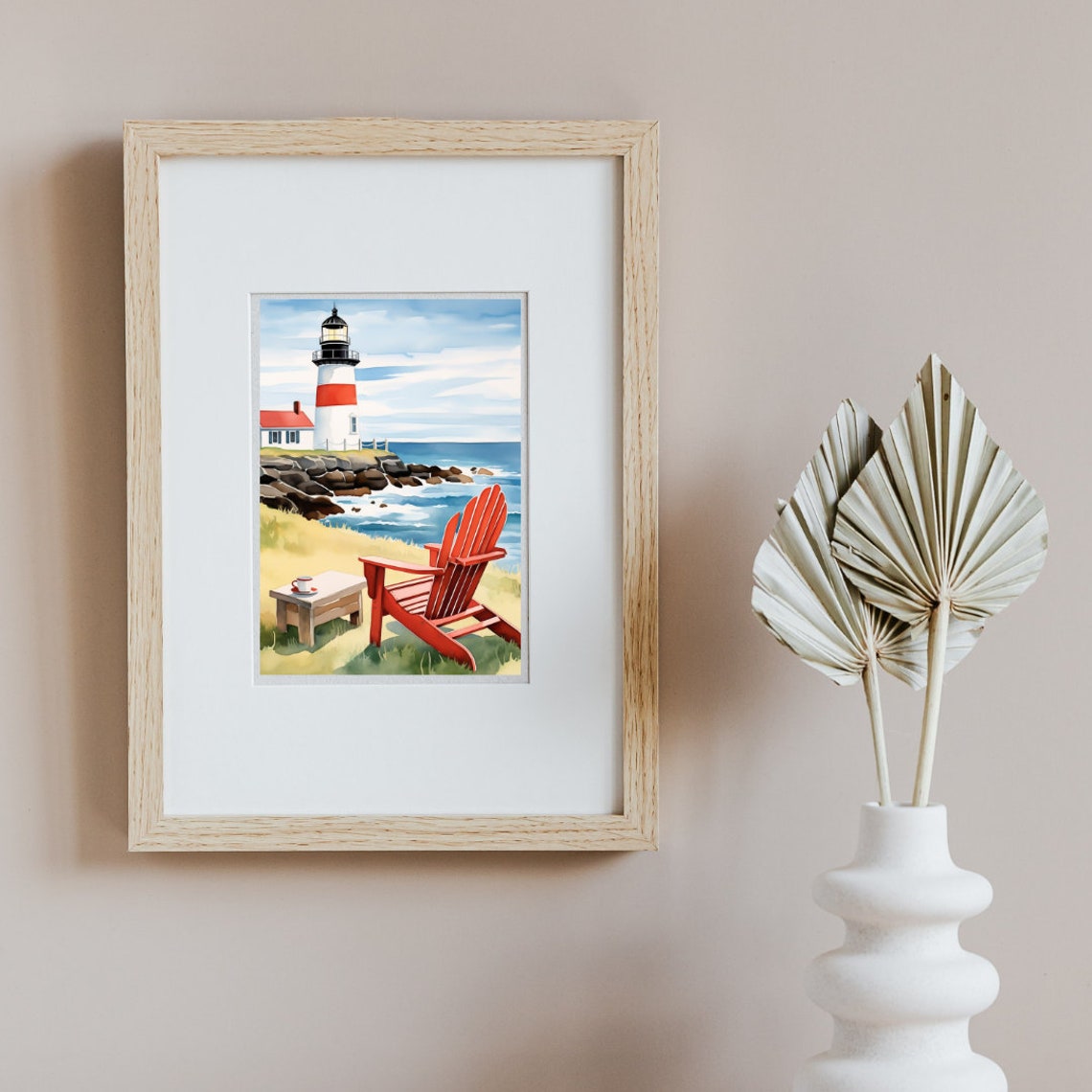 Montauk Lighthouse With Red Adirondack Chair Coastal View Poster - Image 2