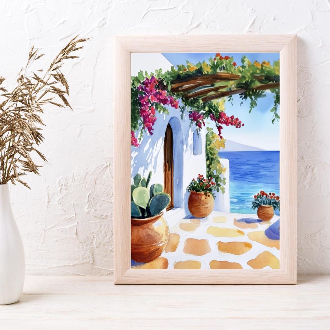 Greek Island Pergola Bougainvillea Sea Terrace Watercolor Poster - Image 3