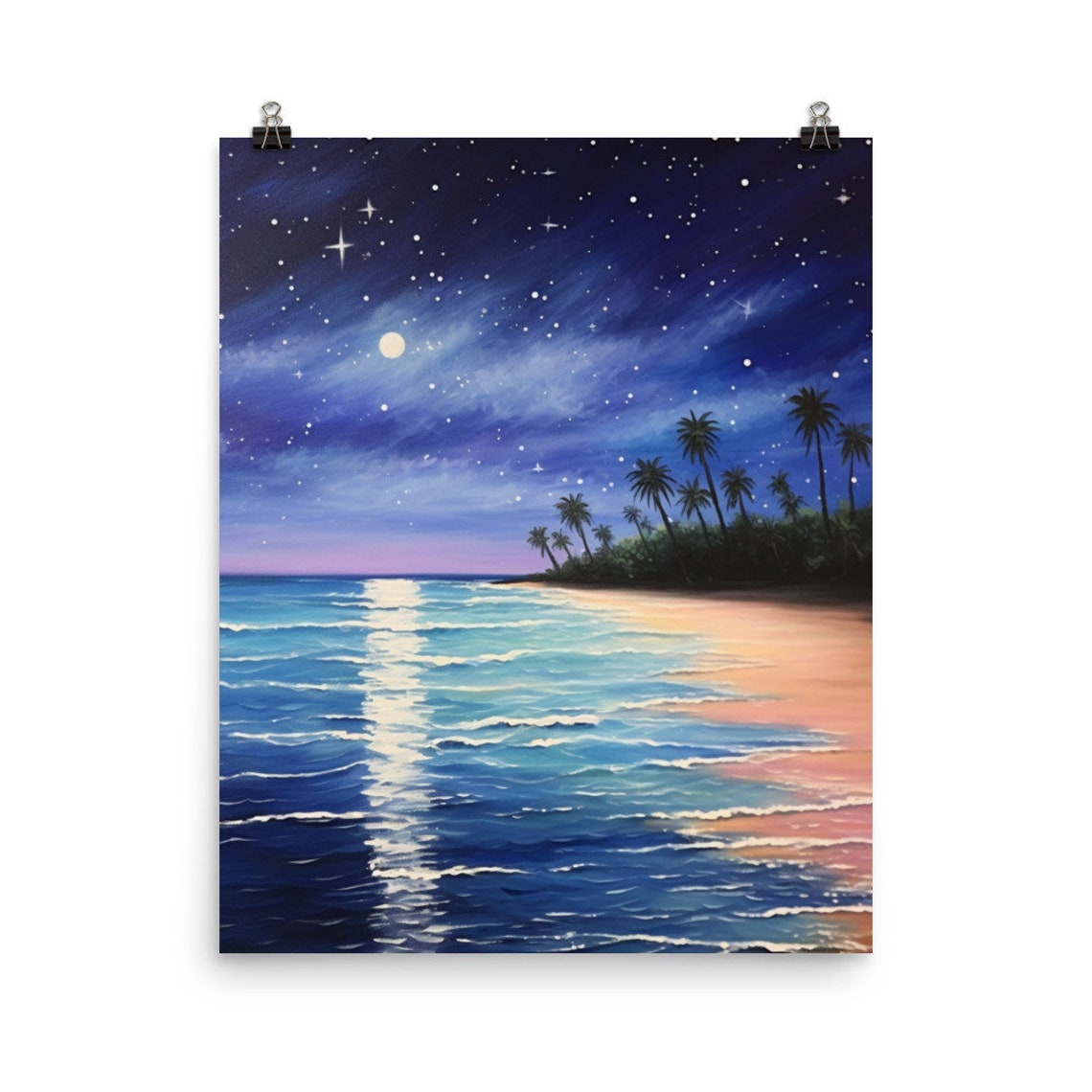Moonlit Puerto Rico Beach Palms Night Sky Tropical Canvas Art Poster