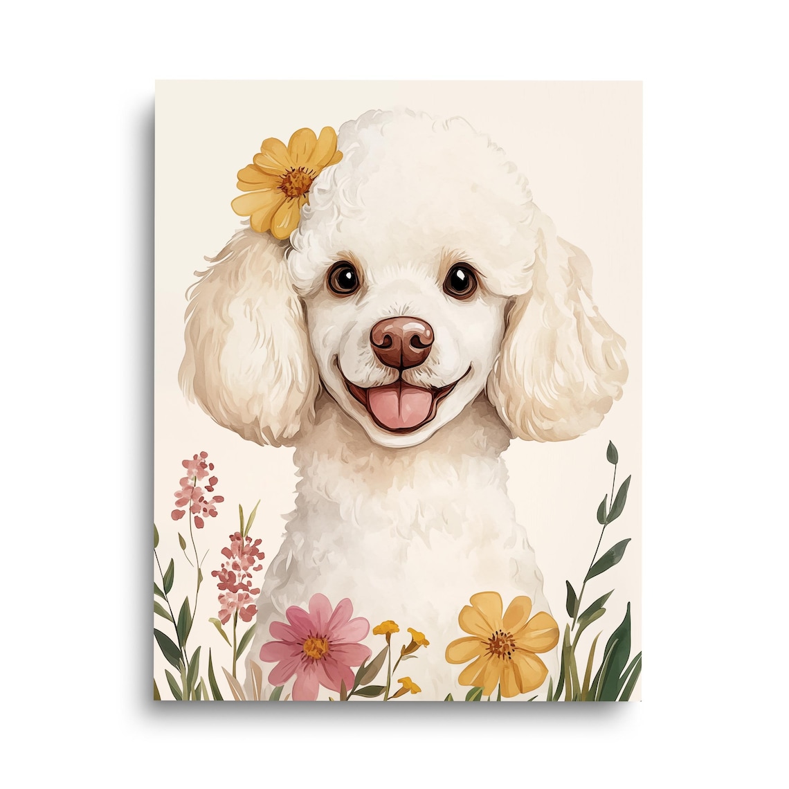 Happy White Poodle Puppy Watercolor Dog Art With Wildflowers Poster