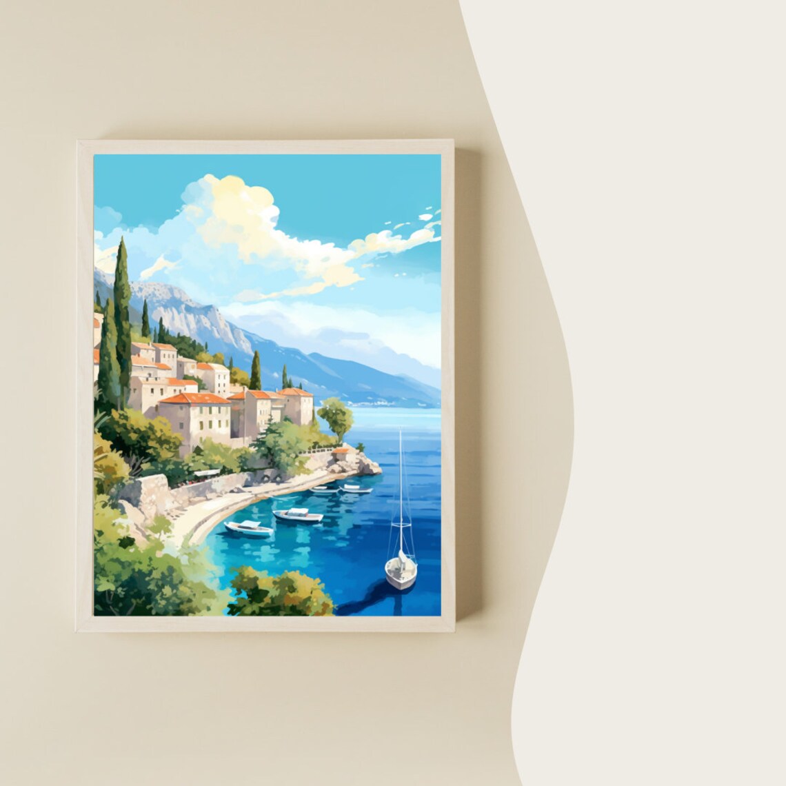 Hvar Seaside Old Town with Boats Dalmatian Coast Watercolor Poster - Image 2