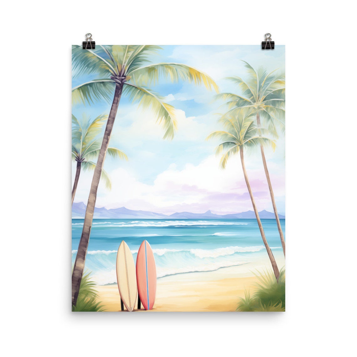 Two Surfboards Resting Between Palms Turquoise Wave Beach Poster