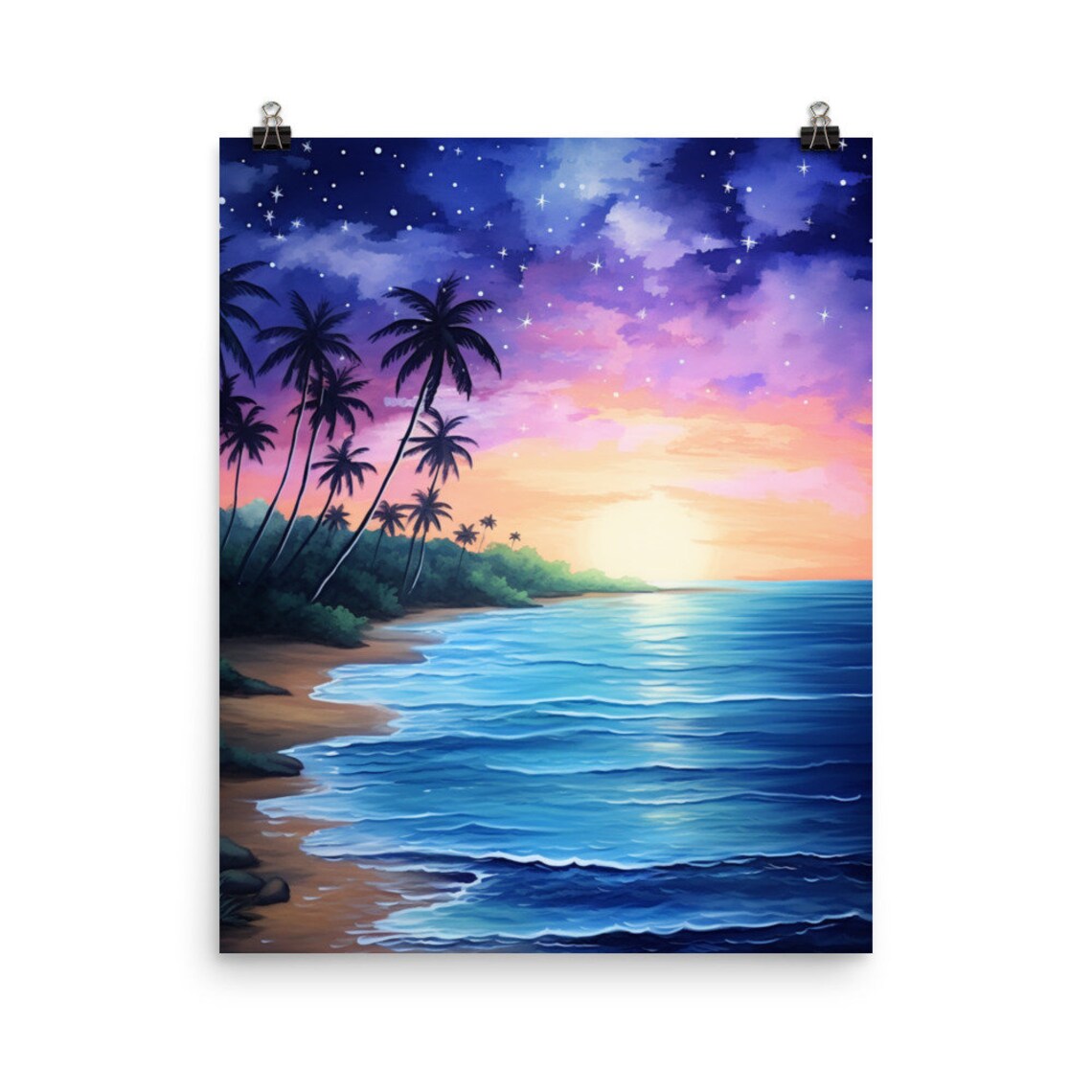 Tropical Starry Night Beach Palm Silhouettes Moonlit Ocean Watercolor Print