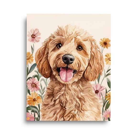 Golden Doodle Portrait Print Dog Wall Art Pets Nursery Decor Canine Poster Floral Animal Artwork Pet Gift Cute