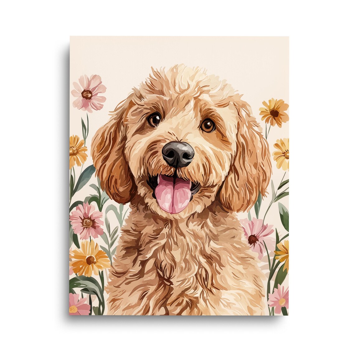 Golden Doodle Puppy Floral Portrait Cute Happy Dog Lover Poster