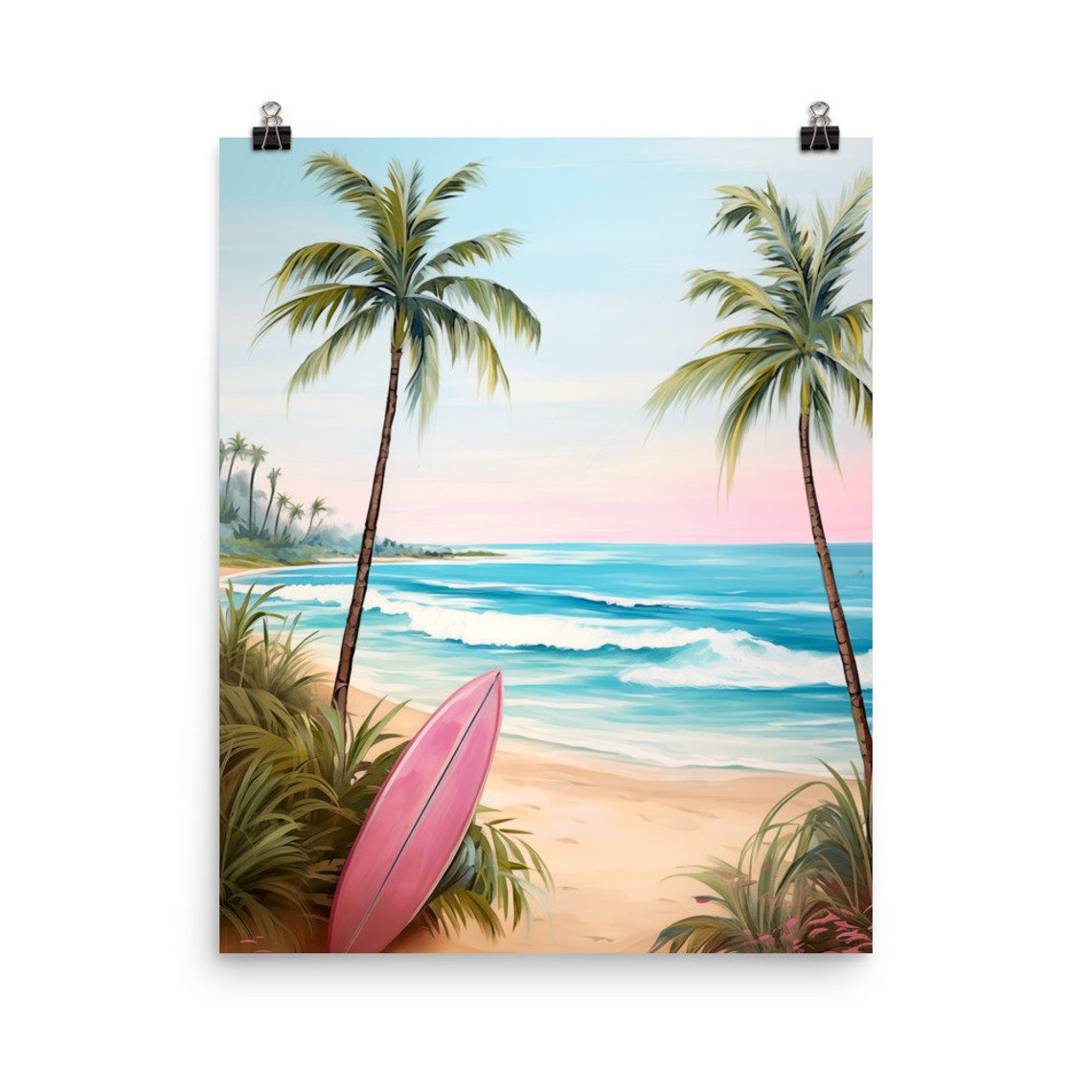 Bali Tropical Beach Pink Surfboard And Palm Trees Art Poster