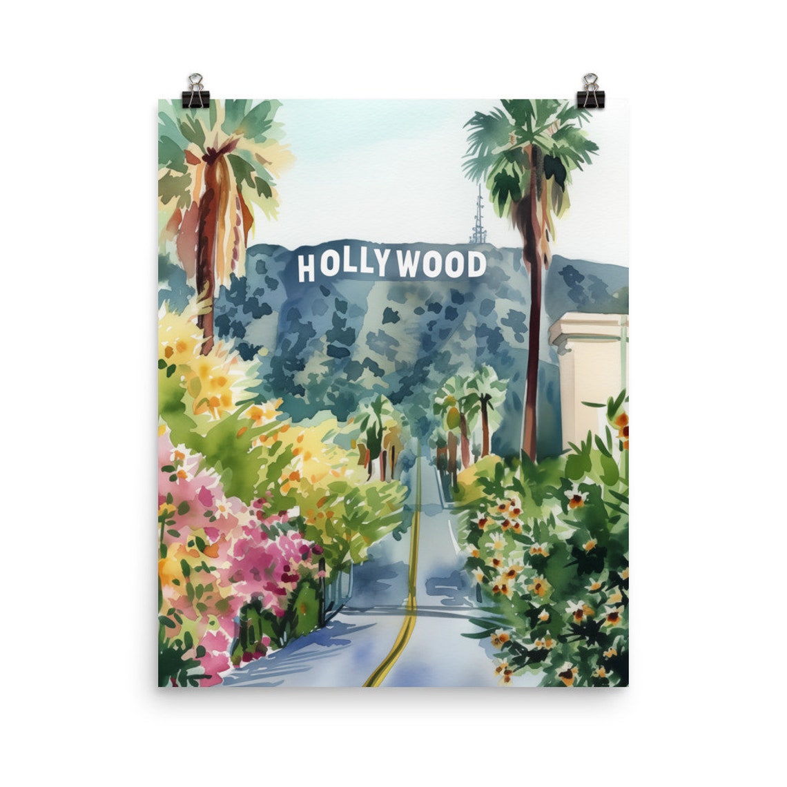 Hollywood Sign Hillside Palm Tree Street Scenic Watercolor Poster