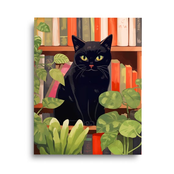 Black Cat Bookshelf Art Retro Living Room Decor House Plants Feline Cute Kitten Bookstore Book Lover Watercolor Gift