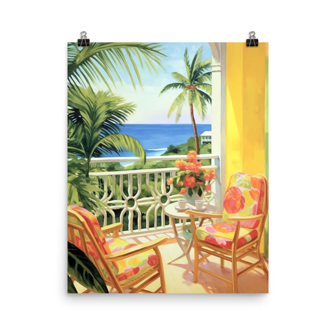 Tropical Balcony Overlooking Ocean Waves Caribbean Watercolor Poster