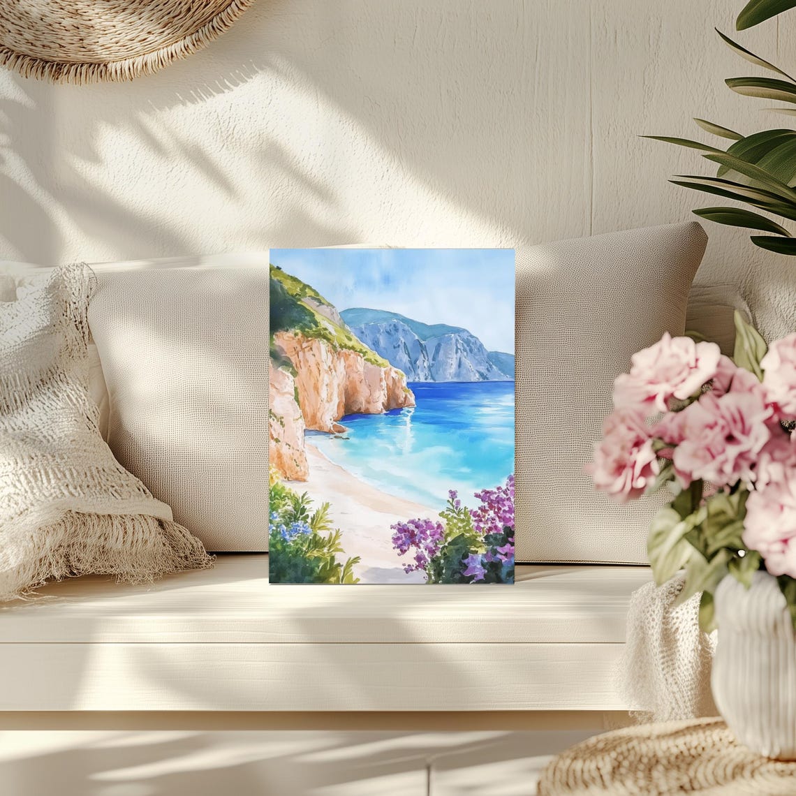 Zakynthos Beach Cliffs Watercolor Greek Island Seascape Poster