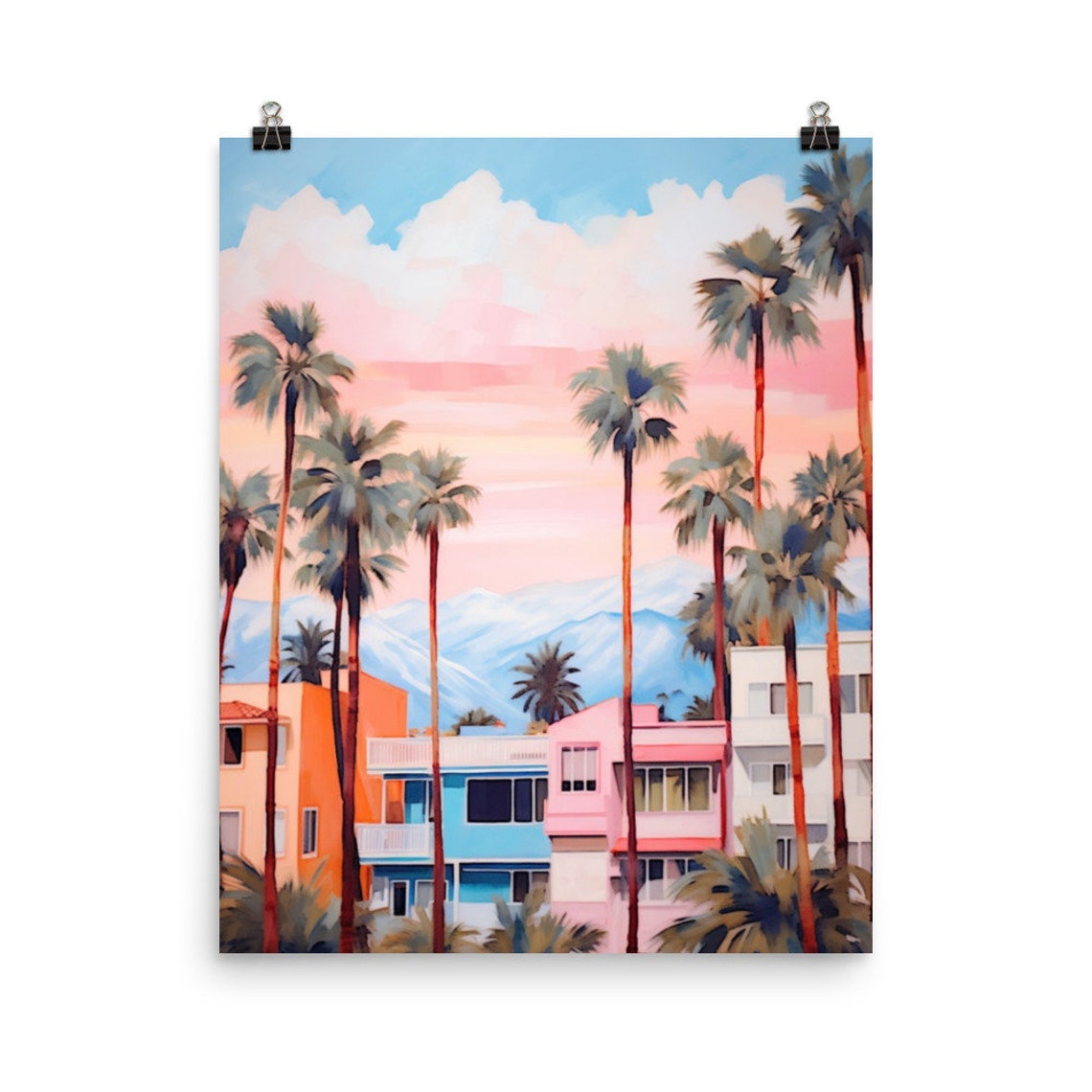Pastel Palm Trees Over Colorful Beach Houses at Sunset Poster