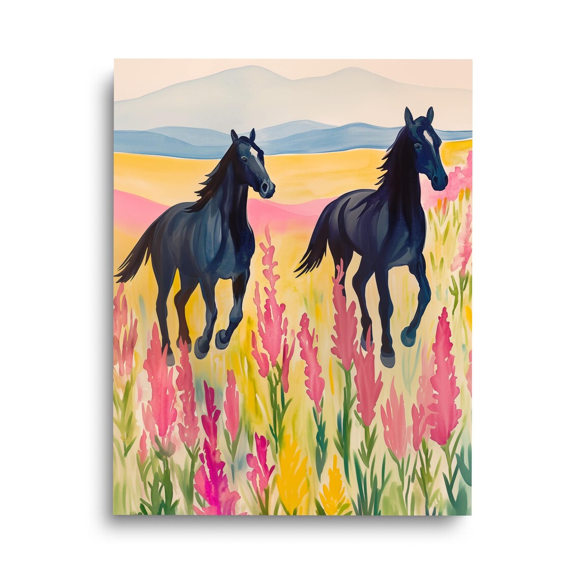 Two Black Stallions Running Through Pink Wildflowers Art Poster