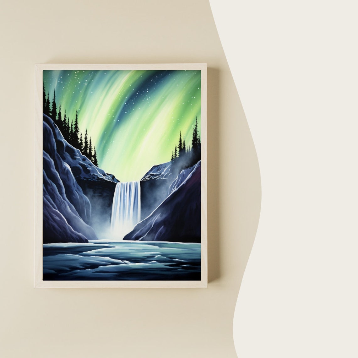 Skogafoss Waterfall Under Northern Lights Iceland Watercolor Poster - Image 2