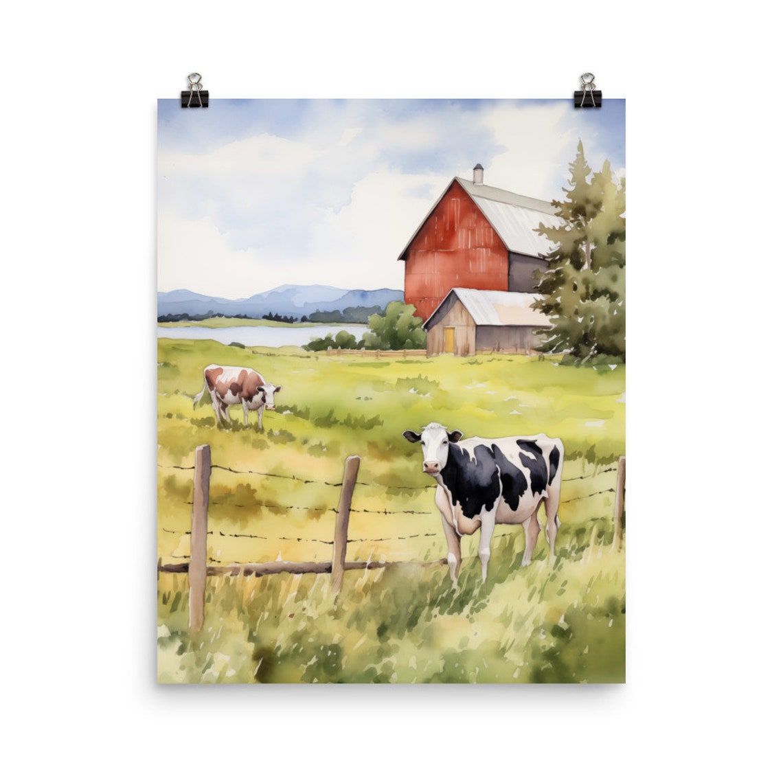 Watercolor Cows Grazing Red Barn Oregon Countryside Farm Poster