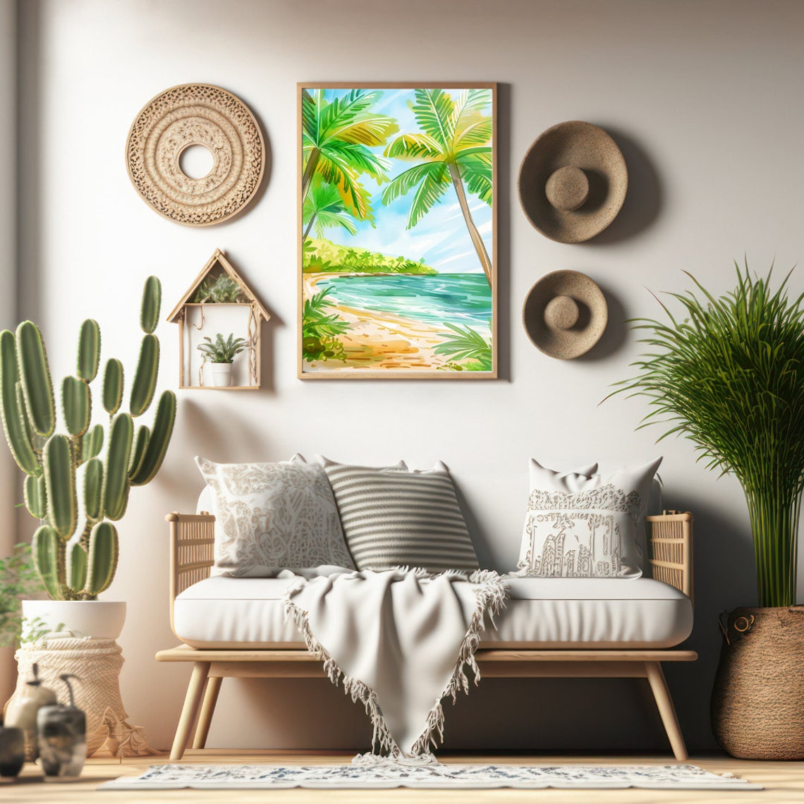 Tropical Florida Keys Beach Framed by Palm Trees Watercolor Poster - Image 2