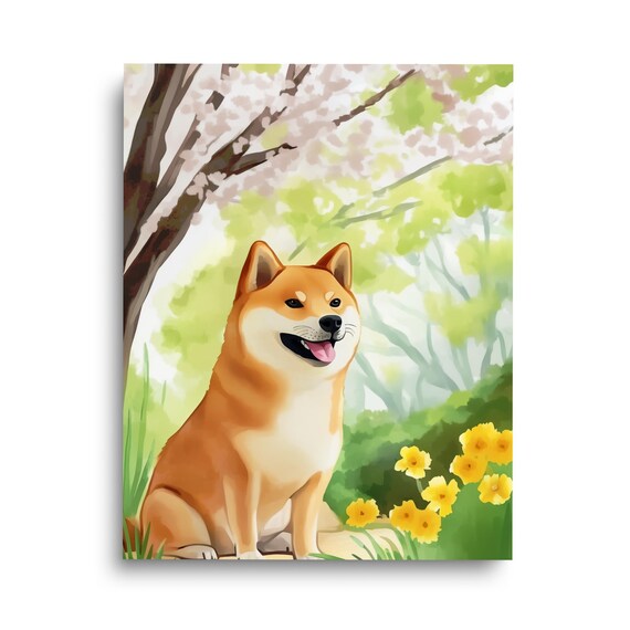 Joyful Shiba Inu Sitting Among Spring Blossoms Watercolor Poster