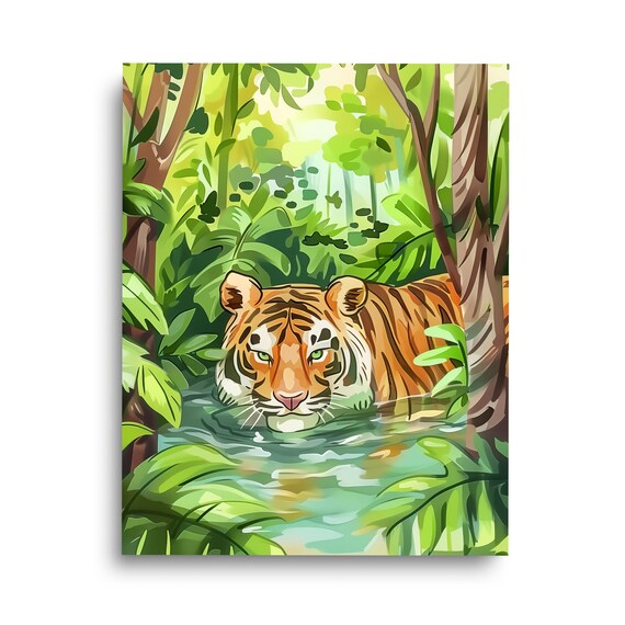 Tiger In The Jungle Watercolor Print Wild Cat Wall Art Animal Nursery Decor Wildlife Poster Safari Exotic Tropical Forest