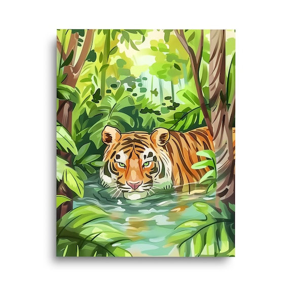 Tiger Swimming in Jungle River Watercolor Wildlife Art Poster