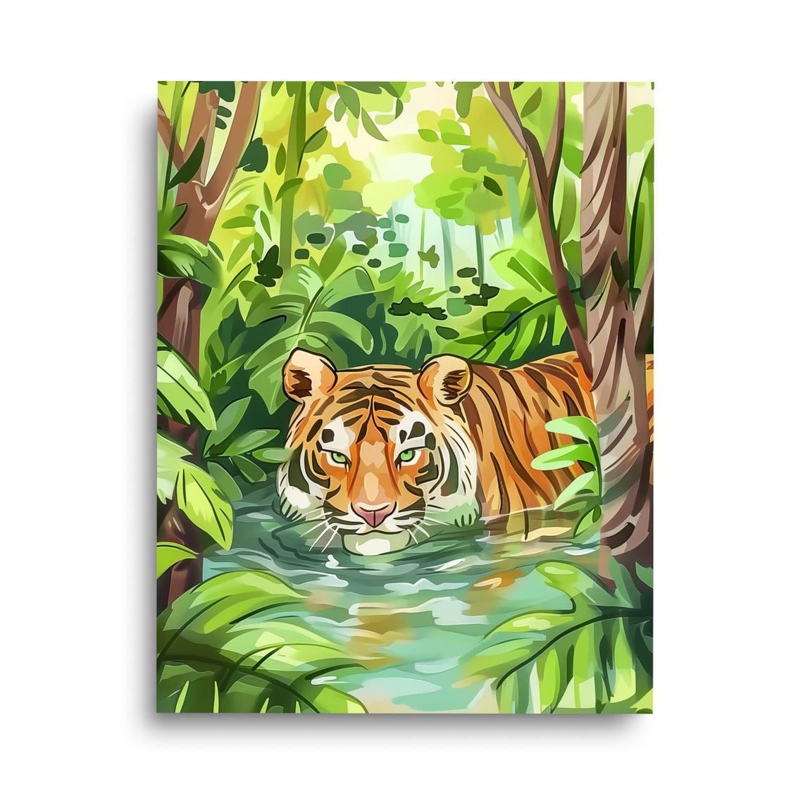 Tiger Swimming in Jungle River Watercolor Wildlife Art Poster