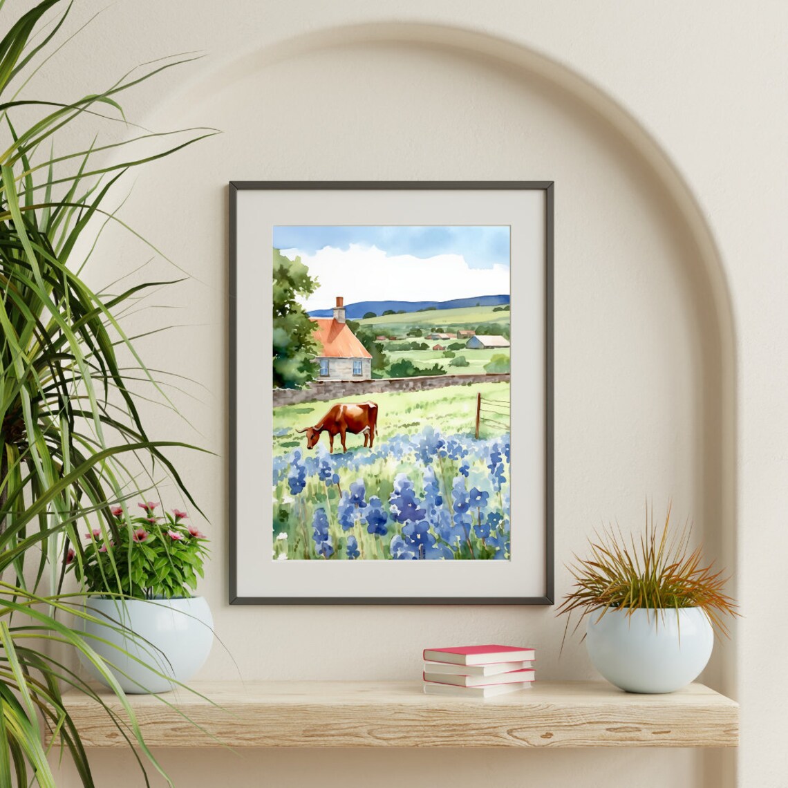 Texas Bluebonnet Field Longhorn Cow Farmhouse Watercolor Poster - Image 3