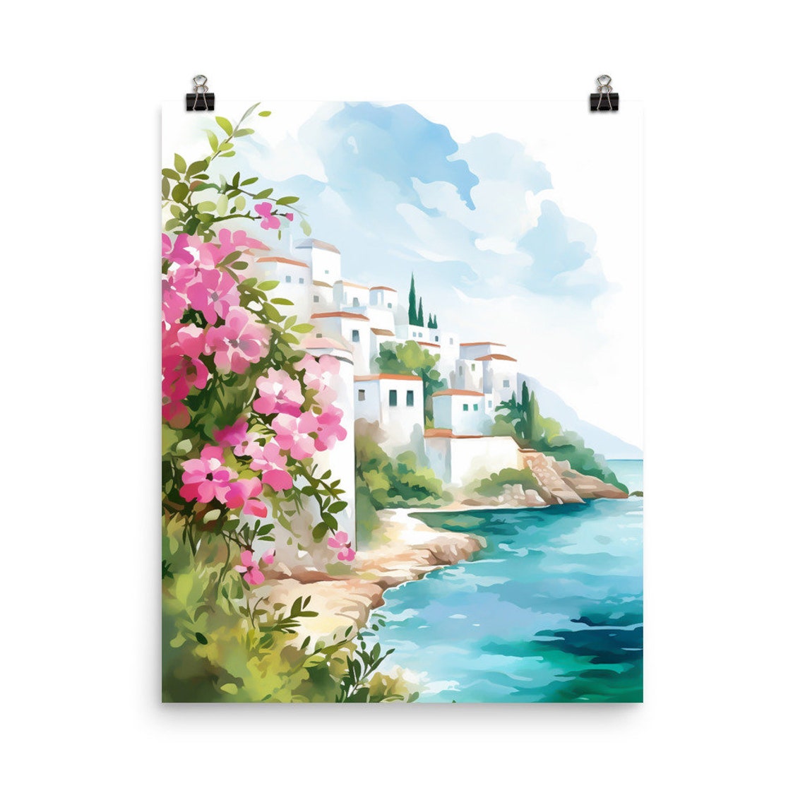 Naxos Whitewashed Hillside Town with Bougainvillea Watercolor Poster