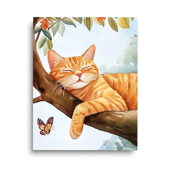 Orange Tabby Sleeping On A Tree Watercolor Print Cat Wall Art Kitten Poster Pet Nursery Home Decor Kitty Painting Feline Artwork