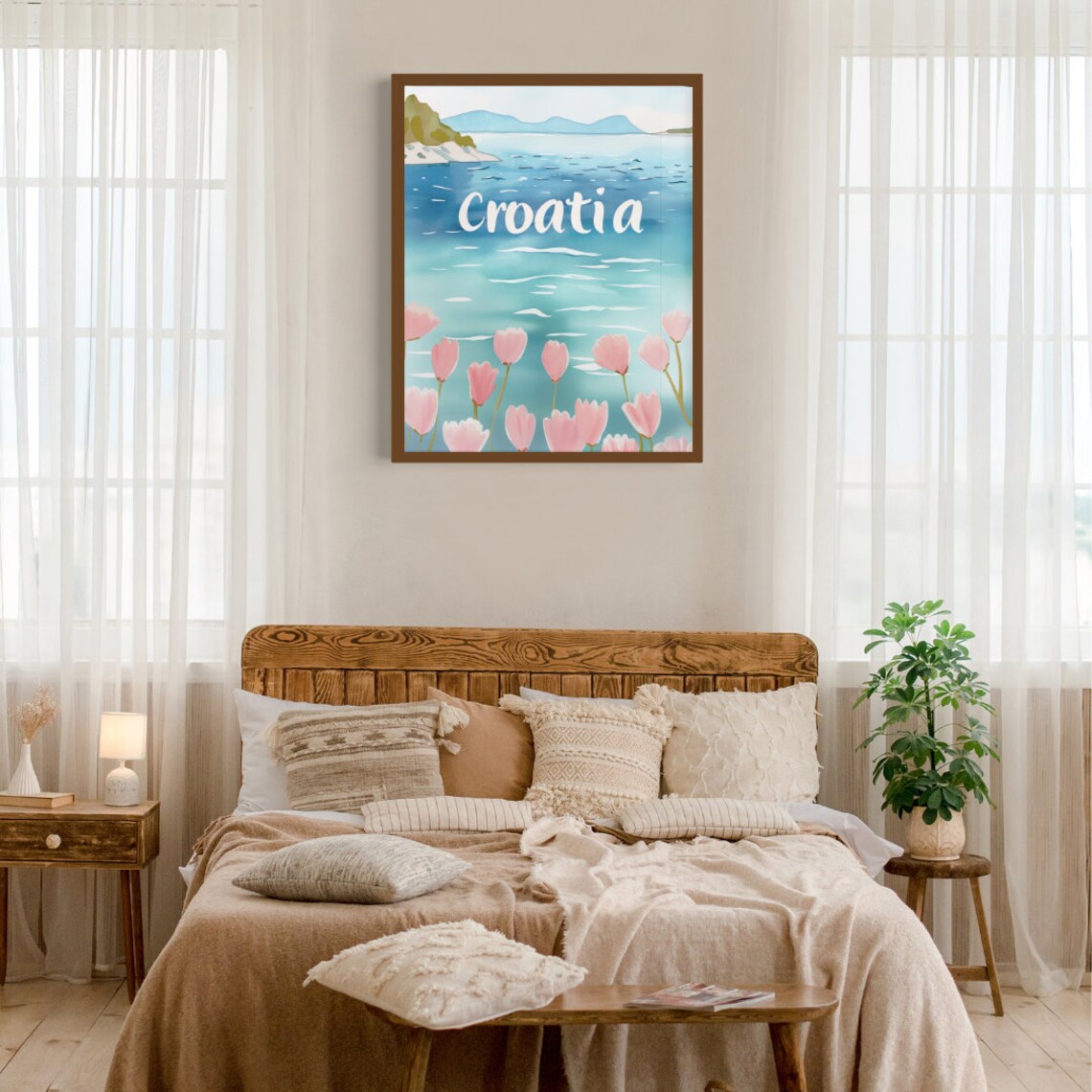 Croatia Seaside Watercolor Pink Tulips Over Adriatic Sea Travel Poster - Image 3