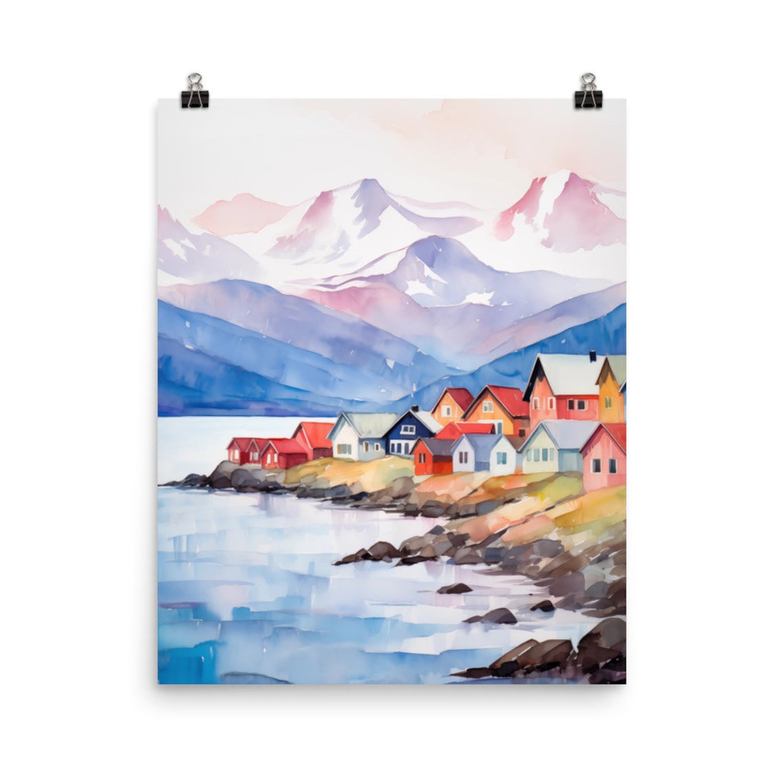 Ushuaia Watercolor Art Print, Argentina Coastal Landscape