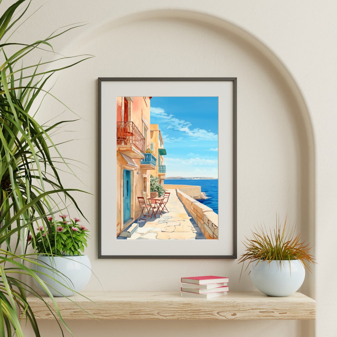 Valletta Malta Seaside Cafe Street Over Blue Water Watercolor Poster - Image 3