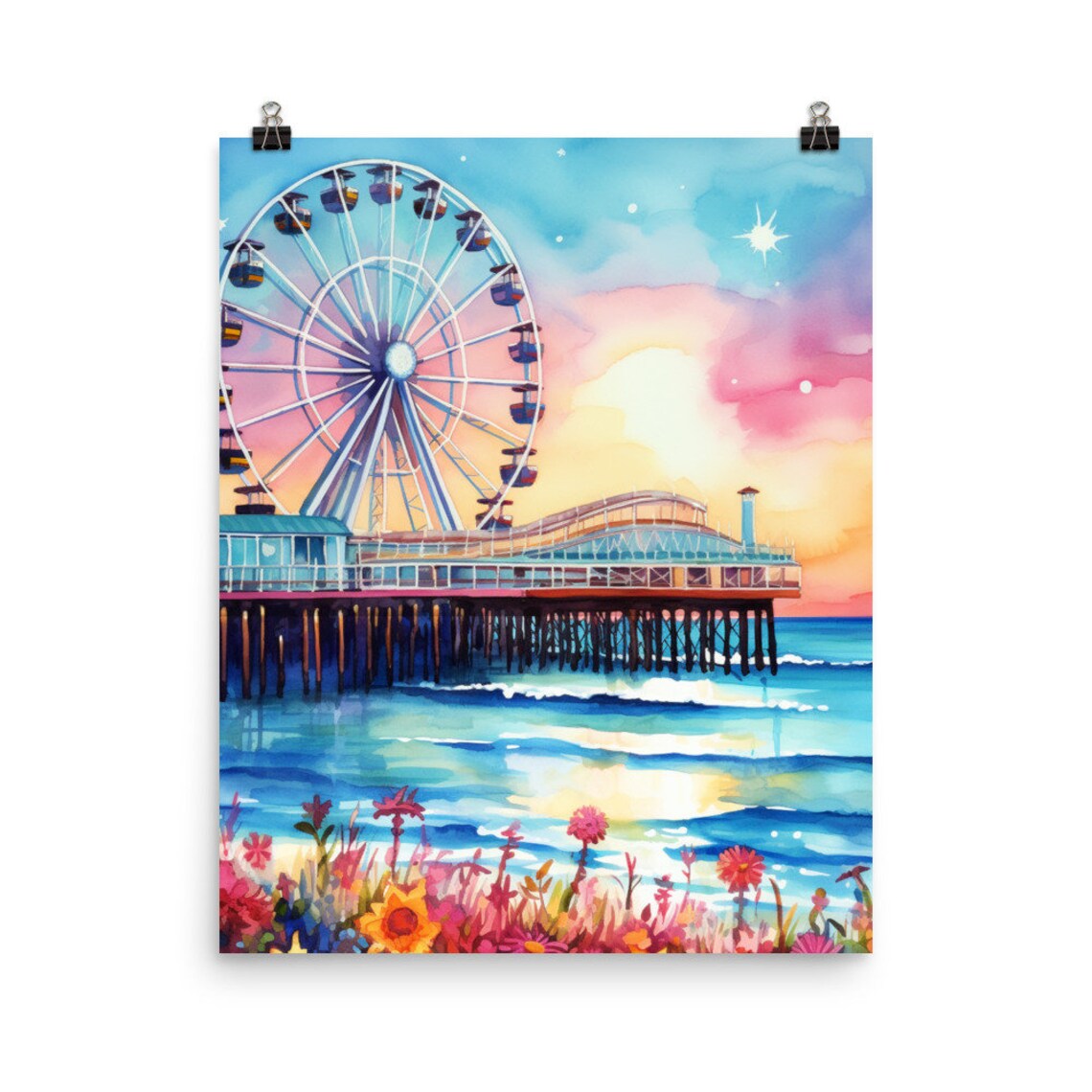 Santa Monica Pier Watercolor Art Print, Los Angeles
