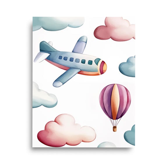 Planes And Hot Air Balloon Watercolor Print Nursery Wall Art Playroom Decor Childrens Room Artwork Cute Playful Sky
