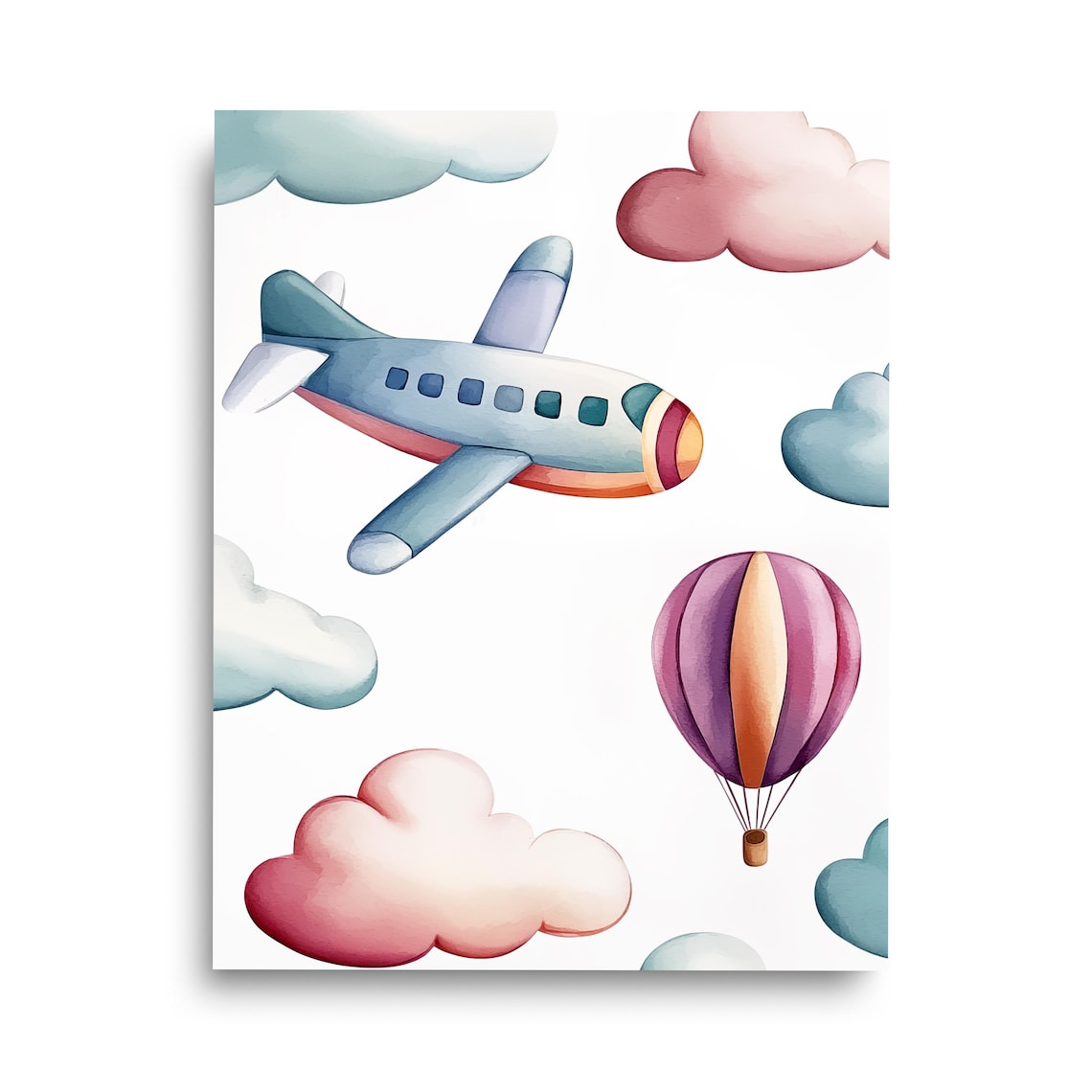 Watercolor Airplane Hot Air Balloon Clouds Nursery Kids Room Art Poster