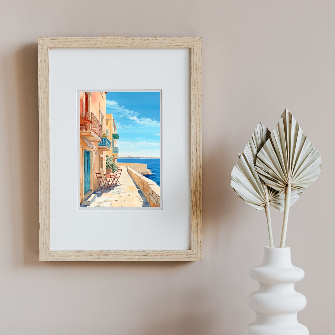 Valletta Malta Seaside Cafe Street Over Blue Water Watercolor Poster - Image 2