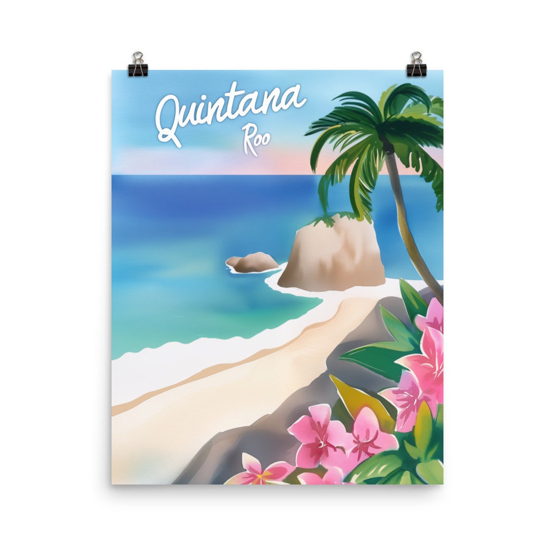 Quintana Roo Mexico Caribbean Beach Palm Tree Watercolor Poster